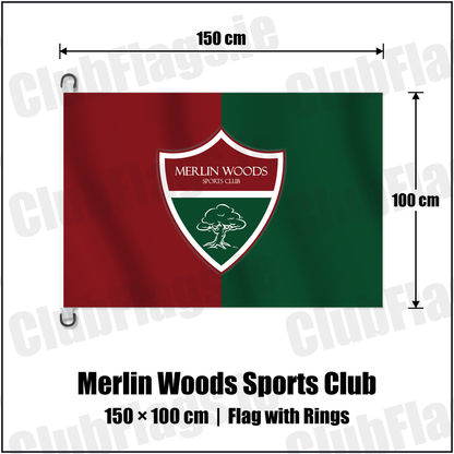Merlin Woods Sports Club 150cm x 100cm Flag Pole Flag with Rings with the club crest and colours, Galway Football - ClubFlags.ie