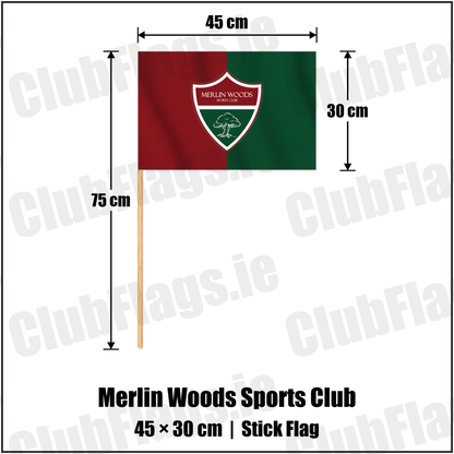 Merlin Woods Sports Club 30cm x 45cm Stick Flag with the club crest and colours, Galway Football - ClubFlags.ie