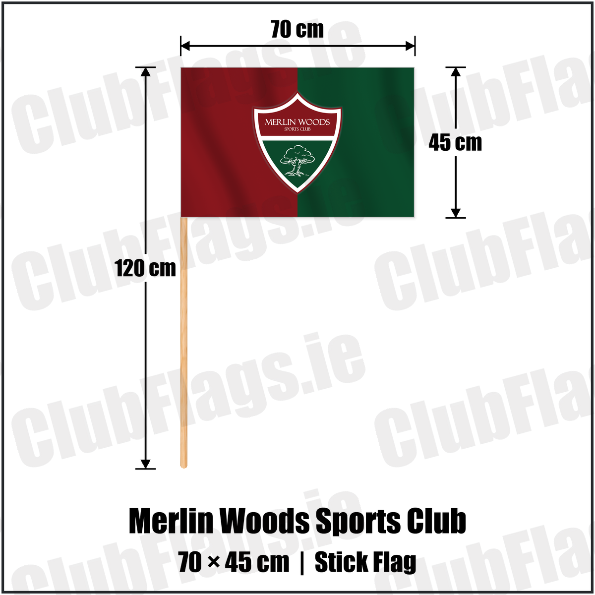 Merlin Woods Sports Club 45cm x 70cm Stick Flag with the club crest and colours, Galway Football - ClubFlags.ie
