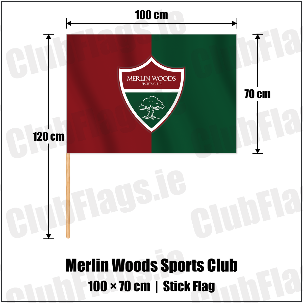 Merlin Woods Sports Club 70cm x 100cm Stick Flag with the club crest and colours, Galway Football - ClubFlags.ie