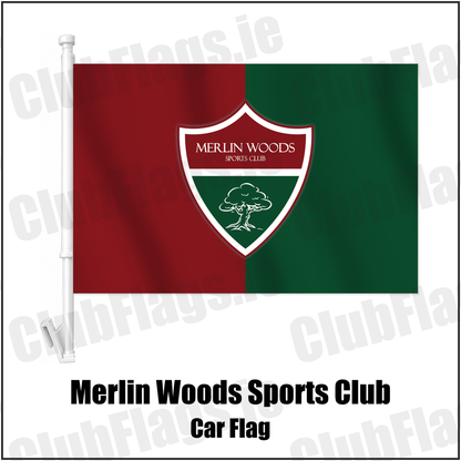 Merlin Woods Sports Club Car Flag with the club crest and colours, Galway Football - ClubFlags.ie