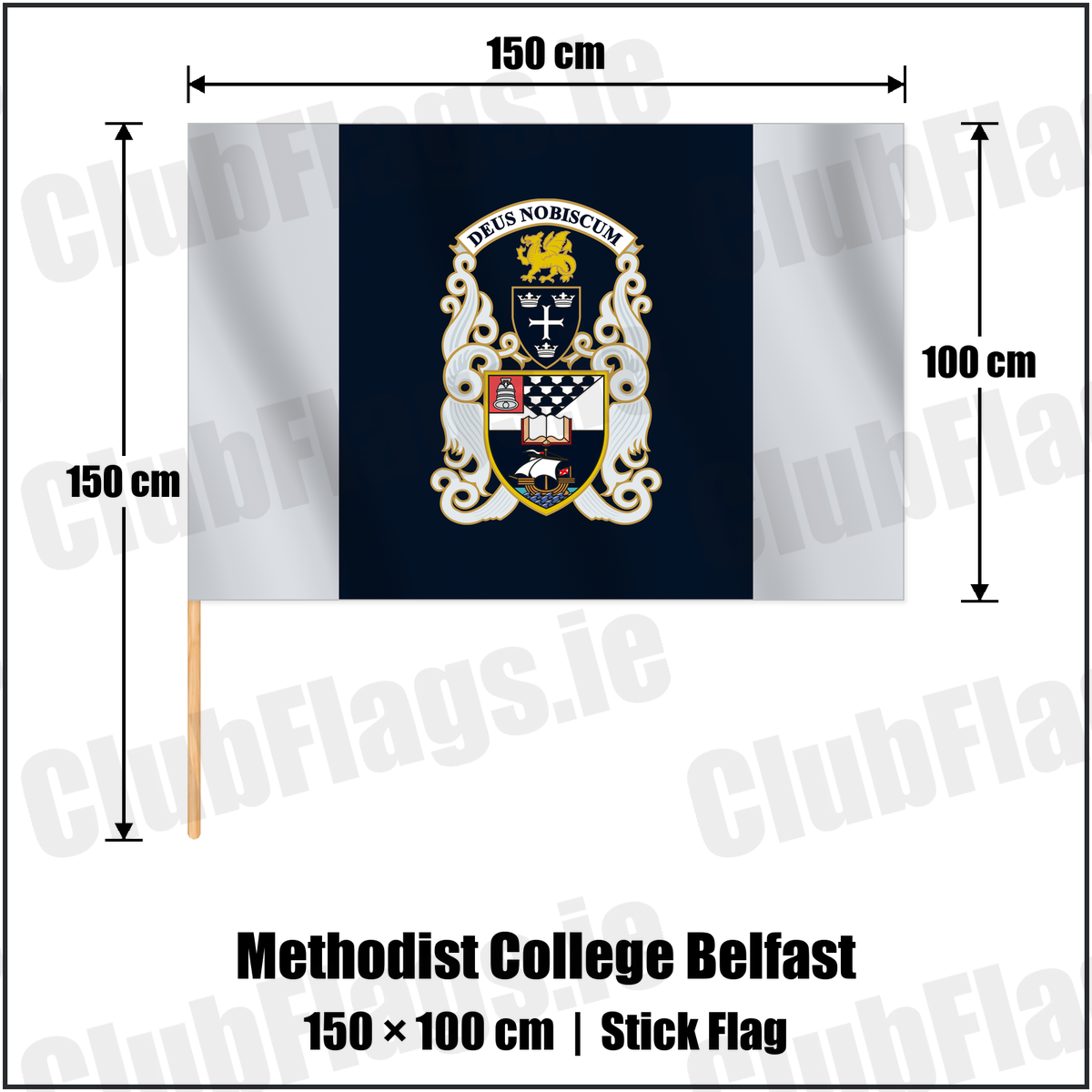 Methodist College Belfast 100cm x 150cm Stick Flag with the club crest and colours, Antrim Rugby - ClubFlags.ie