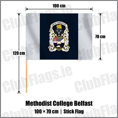 Methodist College Belfast 70cm x 100cm Stick Flag with the club crest and colours, Antrim Rugby - ClubFlags.ie