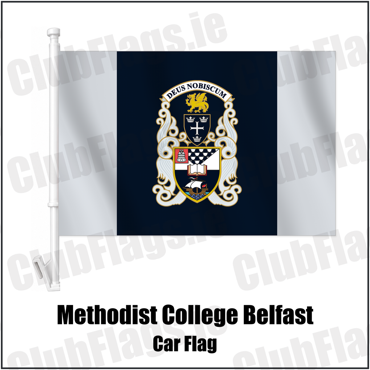 Methodist College Belfast Car Flag with the club crest and colours, Antrim Rugby - ClubFlags.ie