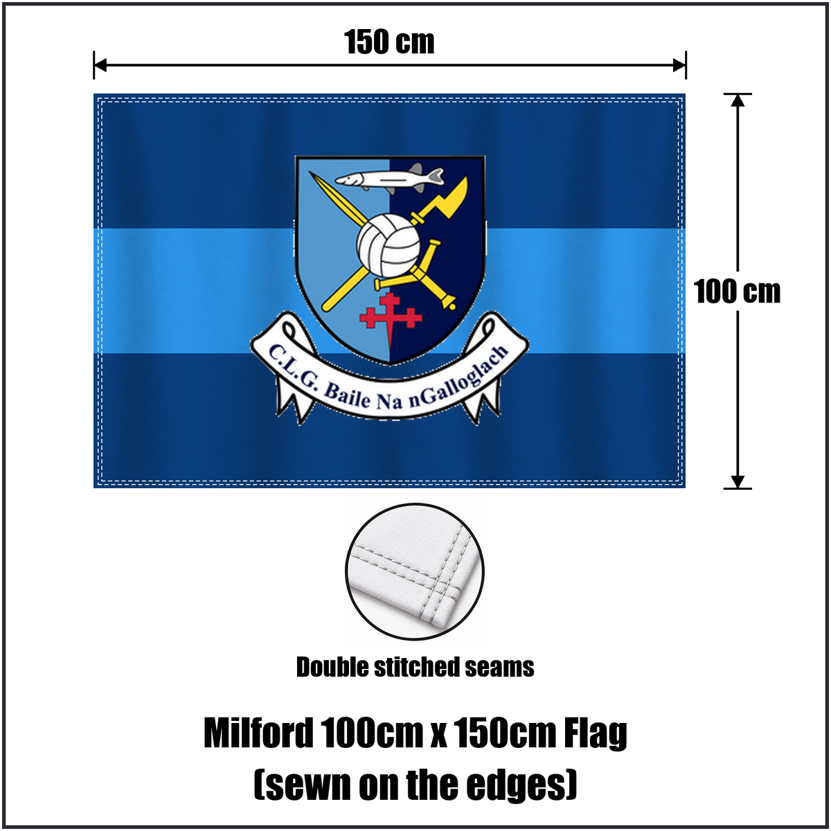 Milford 100cm x 150cm Flag (sewn on the edges), featuring the club crest and light blue and dark blue colours; County Donegal GAA. ClubFlags.ie.
