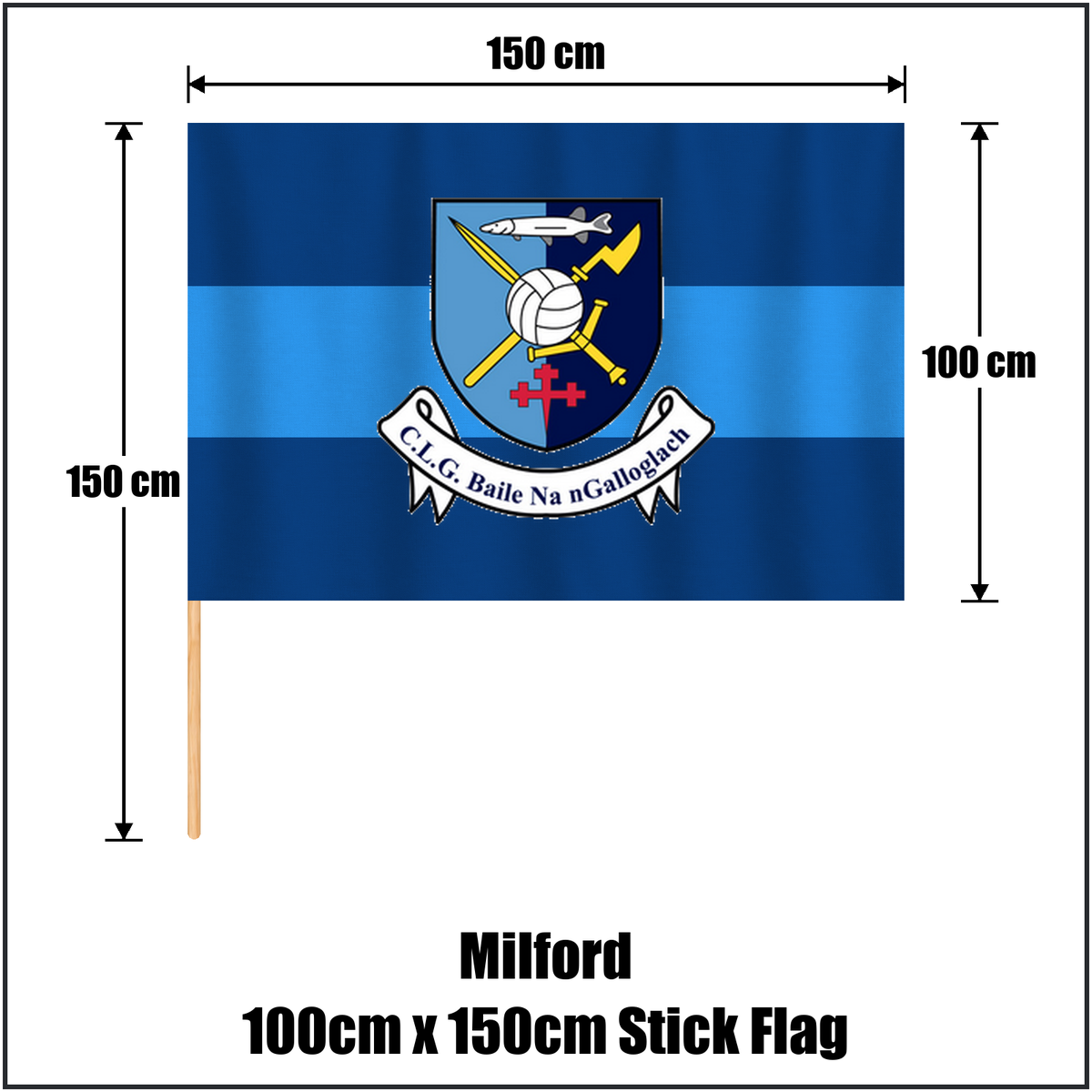 Milford 100cm x 150cm Stick Flag, featuring the club crest and light blue and dark blue colours; County Donegal GAA. ClubFlags.ie.