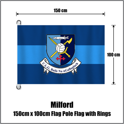 Milford 150cm x 100cm Flag Pole Flag with Rings, featuring the club crest and light blue and dark blue colours; County Donegal GAA. ClubFlags.ie.