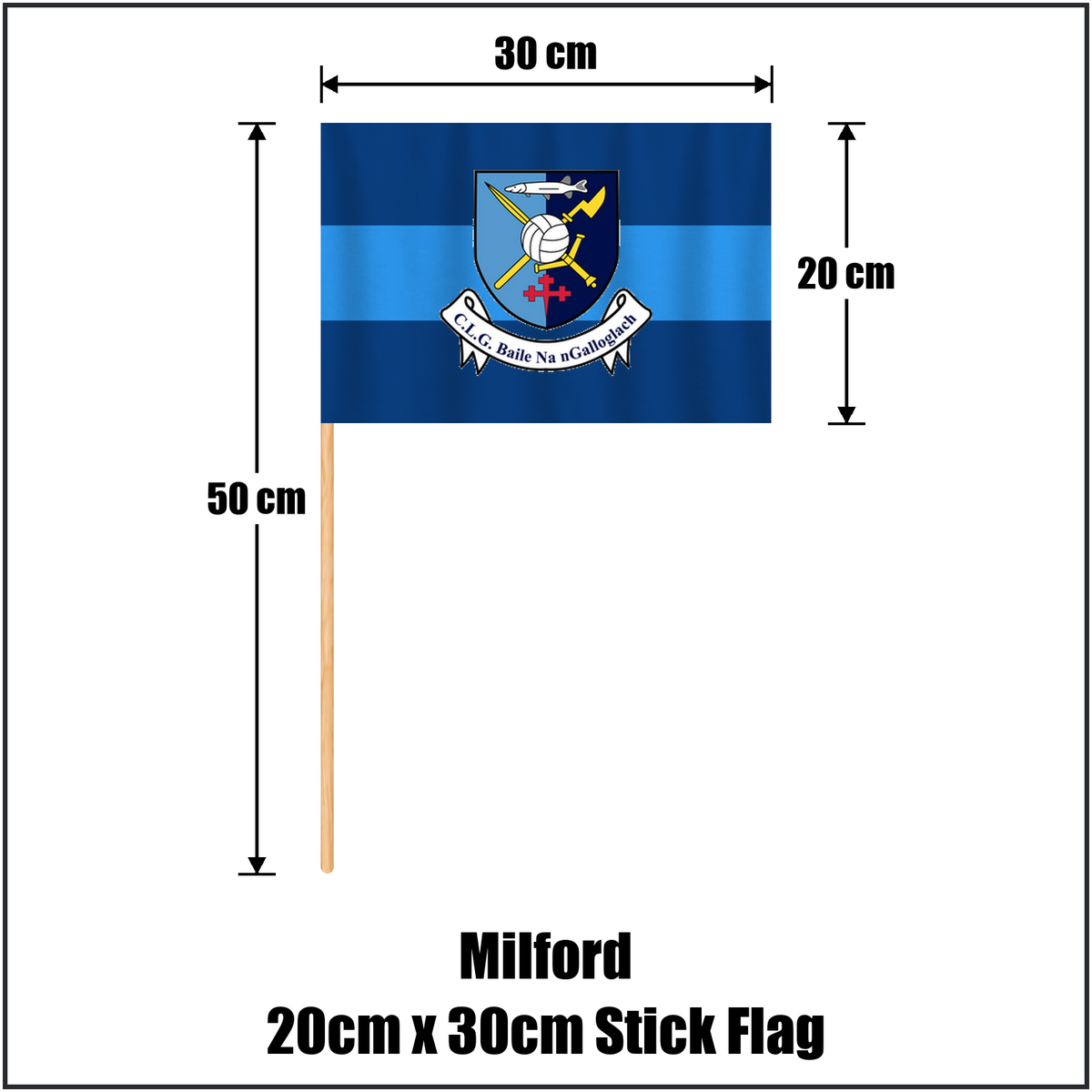 Milford 20cm x 30cm Stick Flag, featuring the club crest and light blue and dark blue colours; County Donegal GAA. ClubFlags.ie.