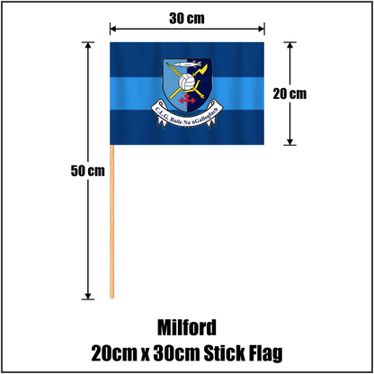 Milford 20cm x 30cm Stick Flag, featuring the club crest and light blue and dark blue colours; County Donegal GAA. ClubFlags.ie.
