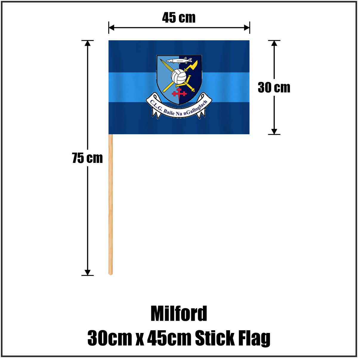 Milford 30cm x 45cm Stick Flag, featuring the club crest and light blue and dark blue colours; County Donegal GAA. ClubFlags.ie.