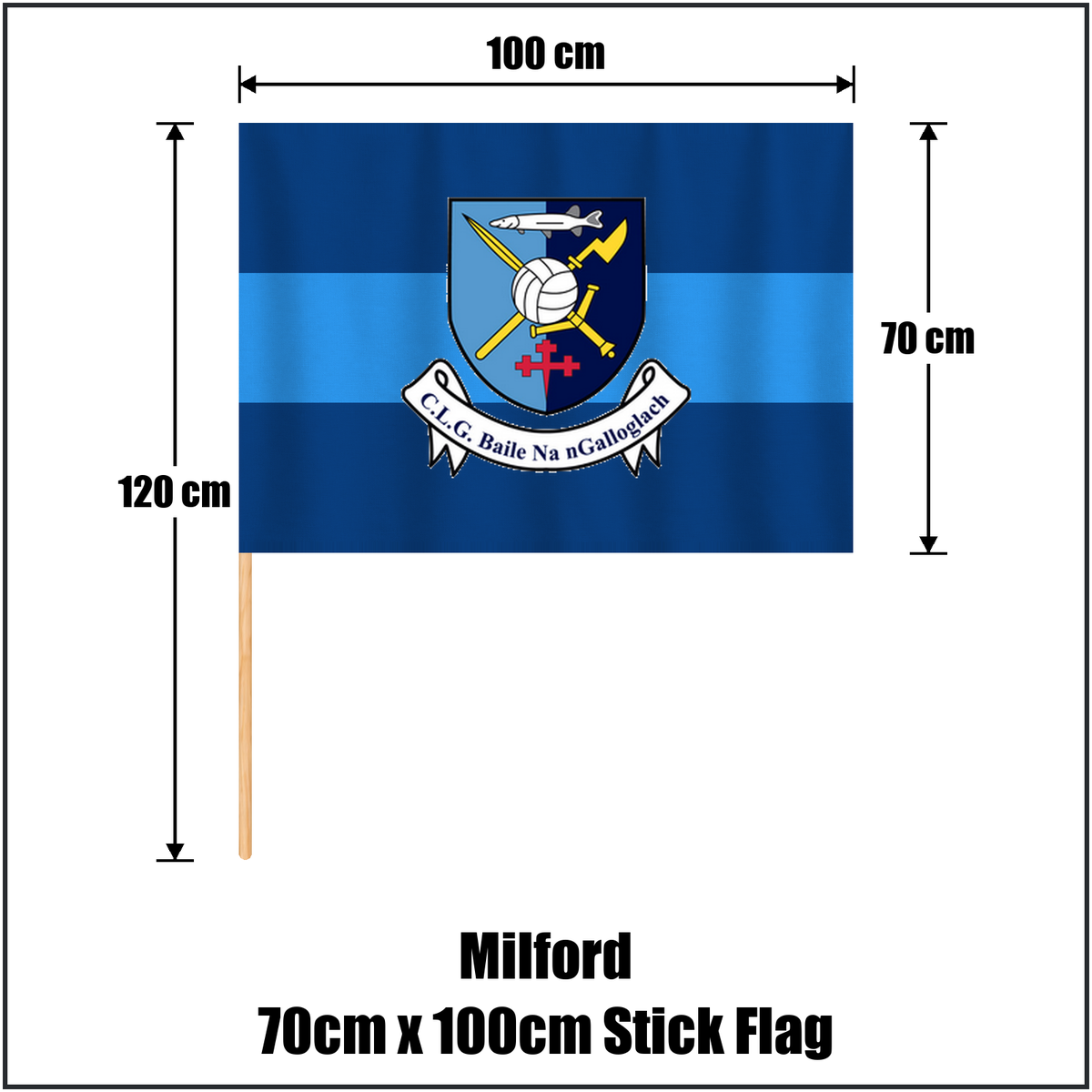 Milford 70cm x 100cm Stick Flag, featuring the club crest and light blue and dark blue colours; County Donegal GAA. ClubFlags.ie.