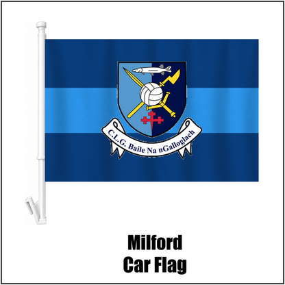 Milford Car Flag, featuring the club crest and light blue and dark blue colours; County Donegal GAA. ClubFlags.ie.