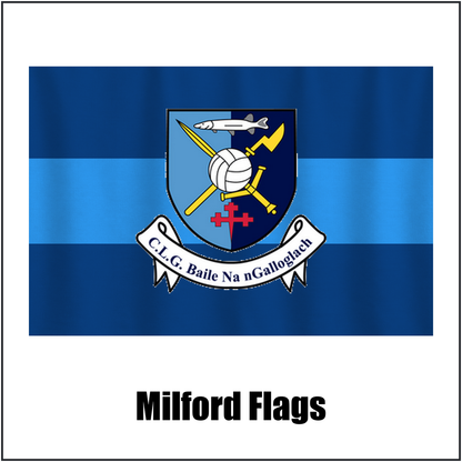 Milford Flags, featuring the club crest and light blue and dark blue colours; County Donegal GAA. ClubFlags.ie.