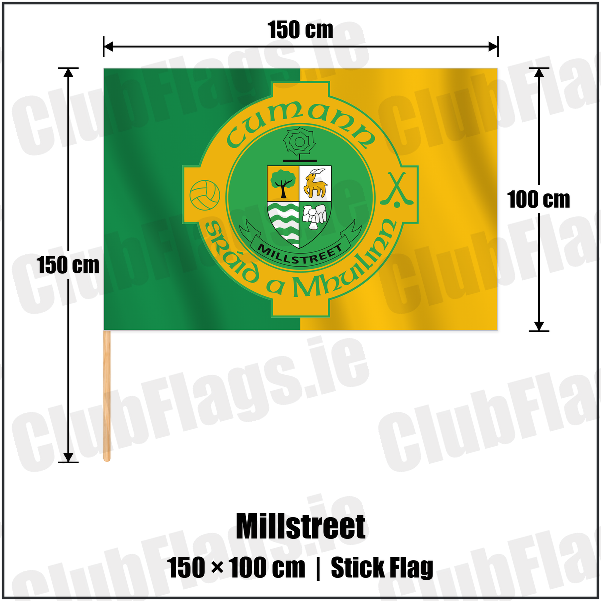 Millstreet 100cm x 150cm Stick Flag with the verified club crest and colours, Cork GAA - ClubFlags.ie