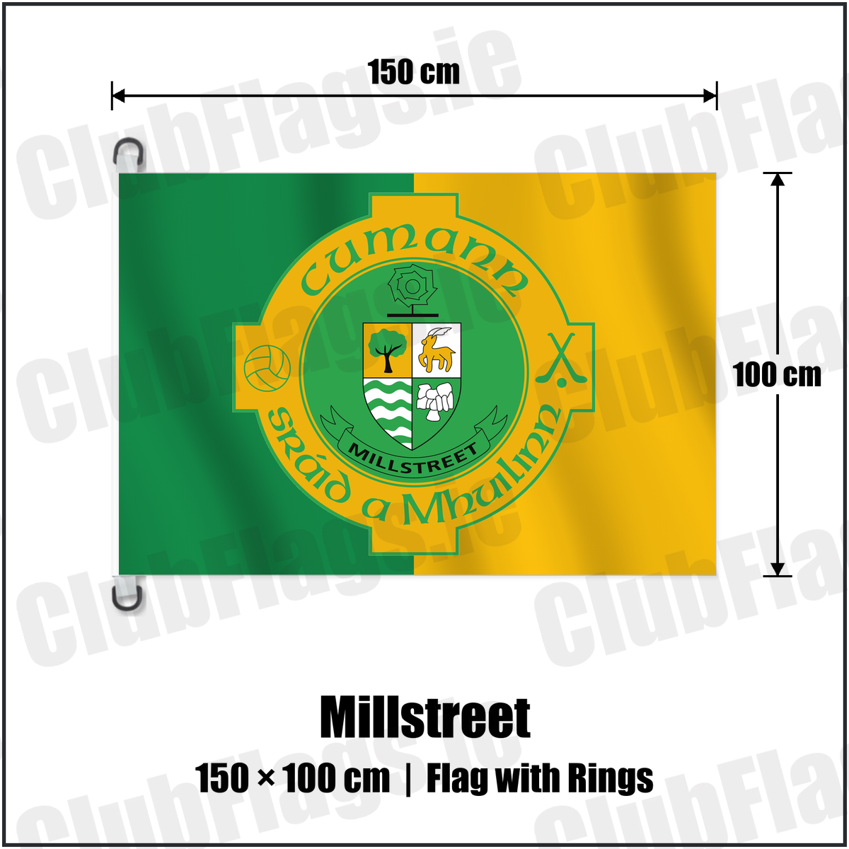 Millstreet 150cm x 100cm Flag Pole Flag with Rings with the verified club crest and colours, Cork GAA - ClubFlags.ie