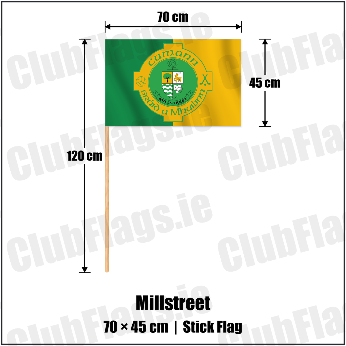 Millstreet 45cm x 70cm Stick Flag with the verified club crest and colours, Cork GAA - ClubFlags.ie