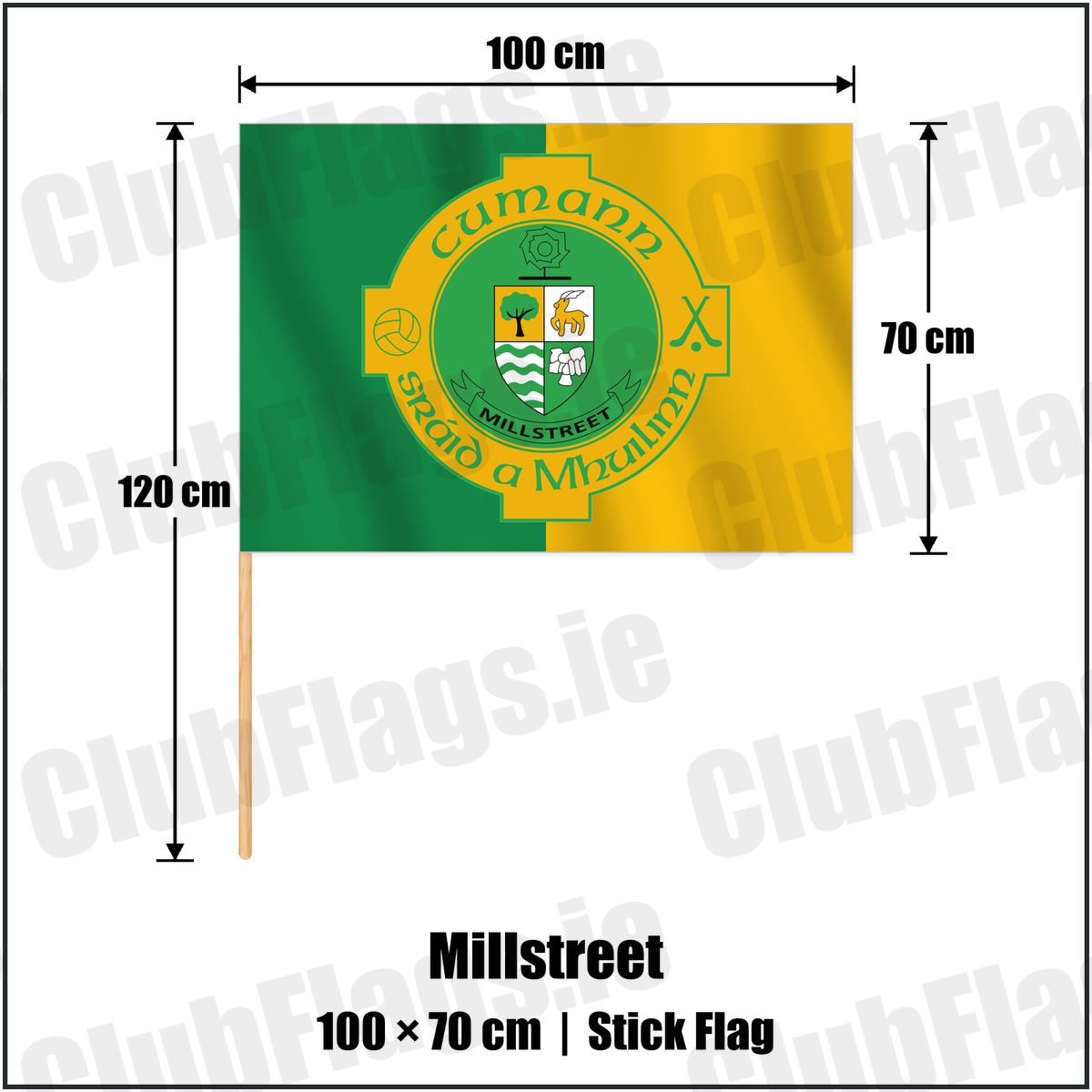 Millstreet 70cm x 100cm Stick Flag with the verified club crest and colours, Cork GAA - ClubFlags.ie