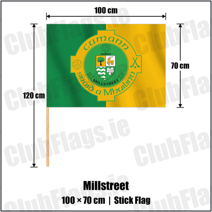 Millstreet 70cm x 100cm Stick Flag with the verified club crest and colours, Cork GAA - ClubFlags.ie