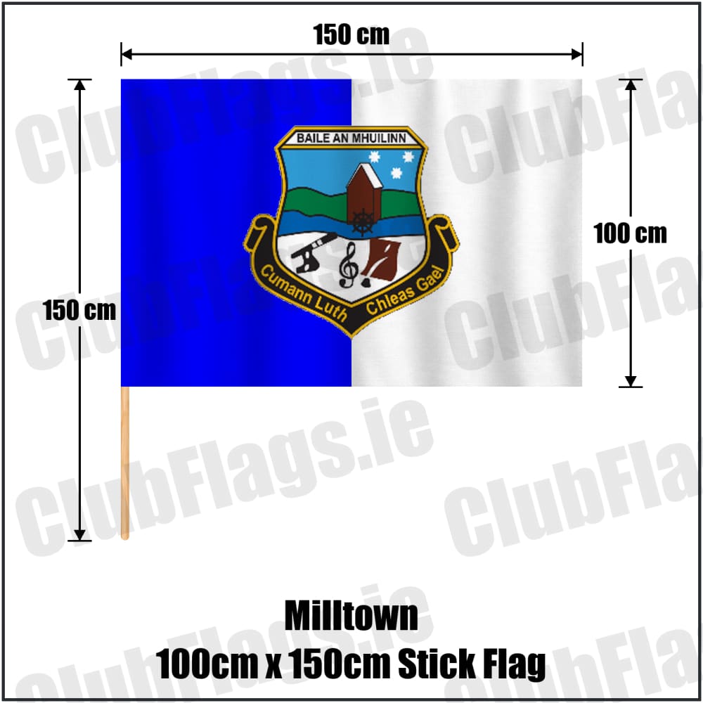 Milltown 100cm x 150cm Stick Flag in royal blue and white, featuring the club crest on realistic fabric with gentle vertical folds; County Galway GAA. ClubFlags.ie.
