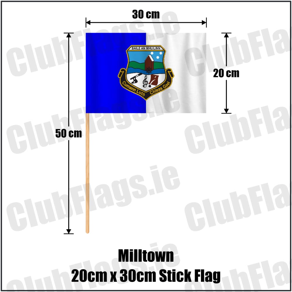 Milltown 20cm x 30cm Stick Flag in royal blue and white, featuring the club crest on realistic fabric with gentle vertical folds; County Galway GAA. ClubFlags.ie.