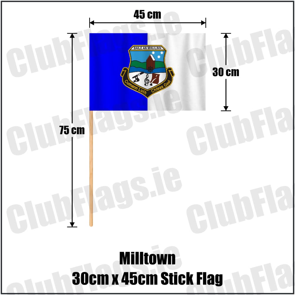 Milltown 30cm x 45cm Stick Flag in royal blue and white, featuring the club crest on realistic fabric with gentle vertical folds; County Galway GAA. ClubFlags.ie.