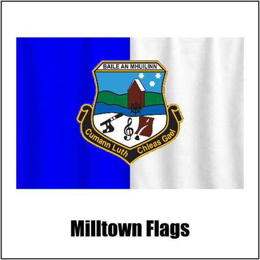 Milltown Flags, featuring the club crest and royal blue and white colours; County Galway GAA. ClubFlags.ie.
