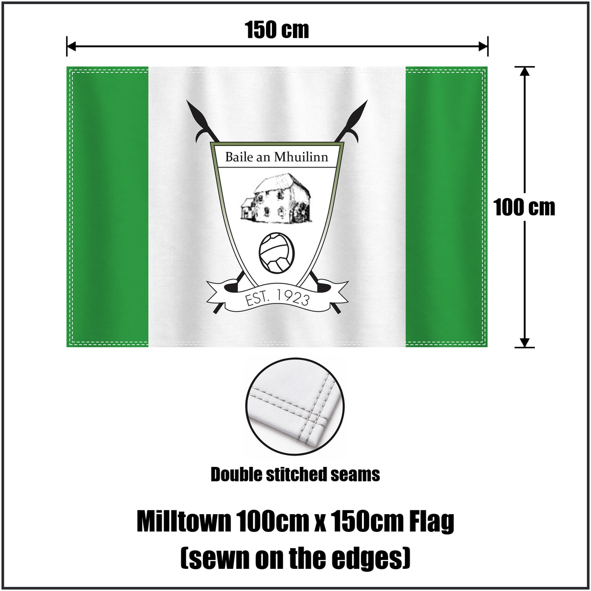 Milltown 100cm x 150cm Flag (sewn on the edges), featuring the club crest and green and white colours; County Westmeath GAA. ClubFlags.ie.
