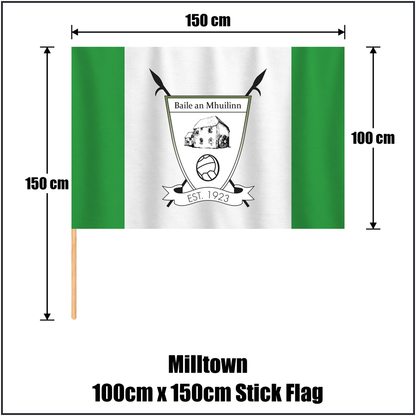 Milltown 100cm x 150cm Stick Flag, featuring the club crest and green and white colours; County Westmeath GAA. ClubFlags.ie.