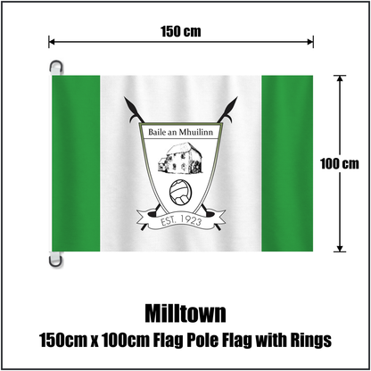 Milltown 150cm x 100cm Flag Pole Flag with Rings, featuring the club crest and green and white colours; County Westmeath GAA. ClubFlags.ie.
