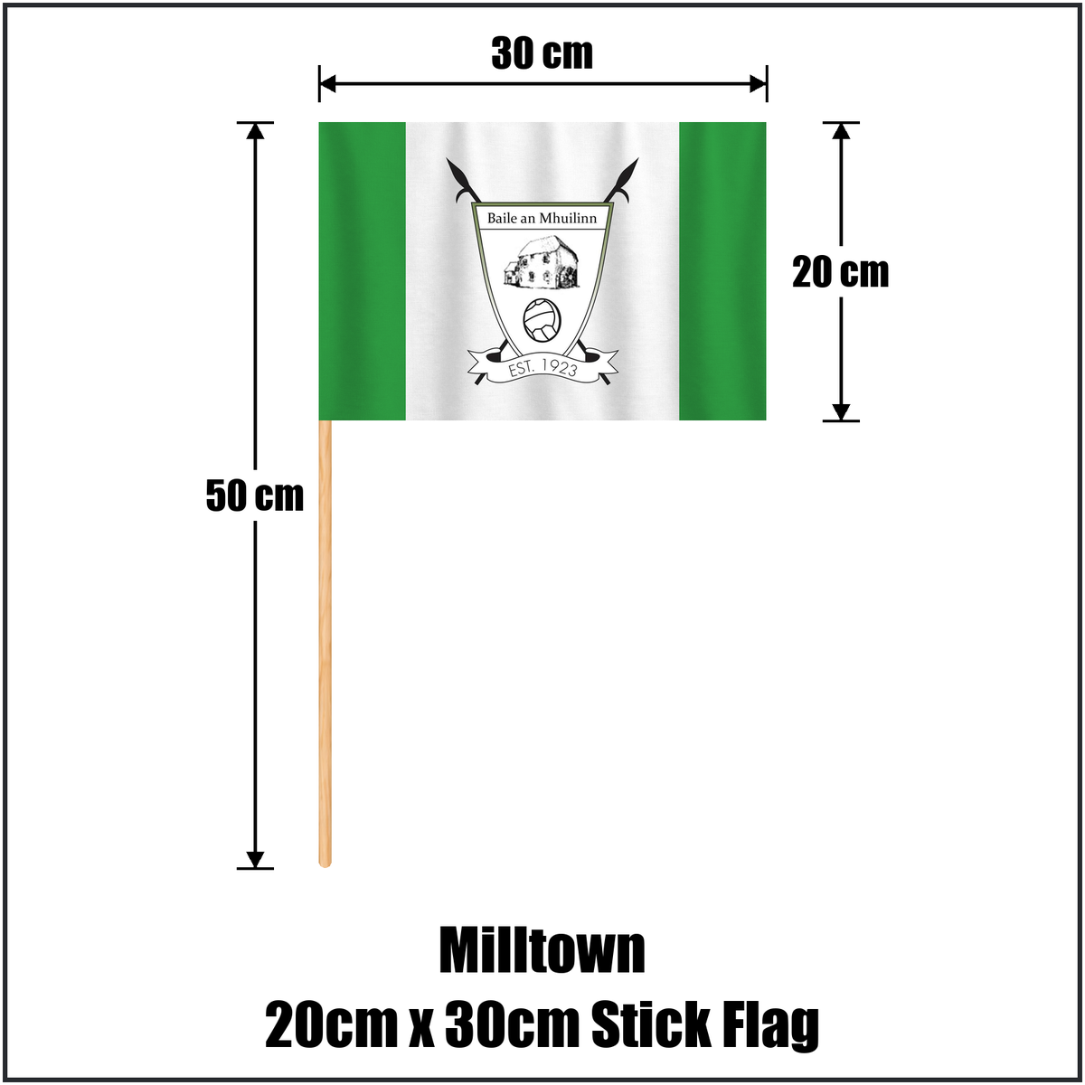 Milltown 20cm x 30cm Stick Flag, featuring the club crest and green and white colours; County Westmeath GAA. ClubFlags.ie.