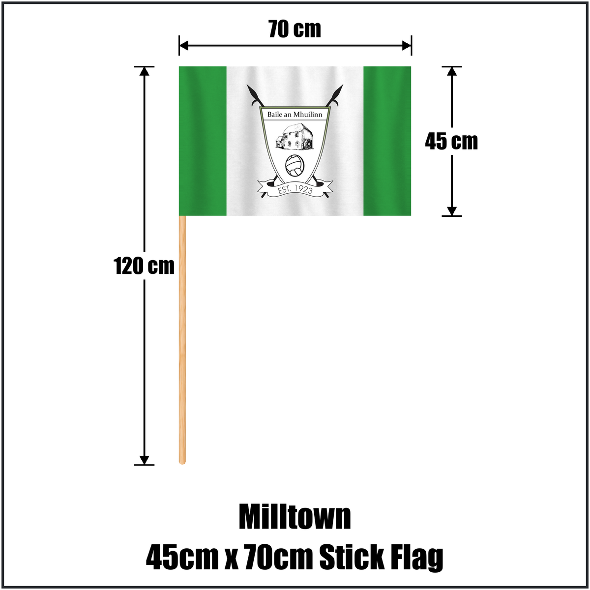Milltown 45cm x 70cm Stick Flag, featuring the club crest and green and white colours; County Westmeath GAA. ClubFlags.ie.