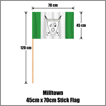 Milltown 45cm x 70cm Stick Flag, featuring the club crest and green and white colours; County Westmeath GAA. ClubFlags.ie.
