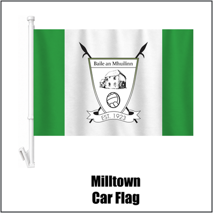 Milltown Car Flag, featuring the club crest and green and white colours; County Westmeath GAA. ClubFlags.ie.