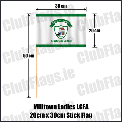 Milltown Ladies LGFA 20cm x 30cm Stick Flag, featuring the club crest and green and white colours; County Westmeath GAA. ClubFlags.ie.