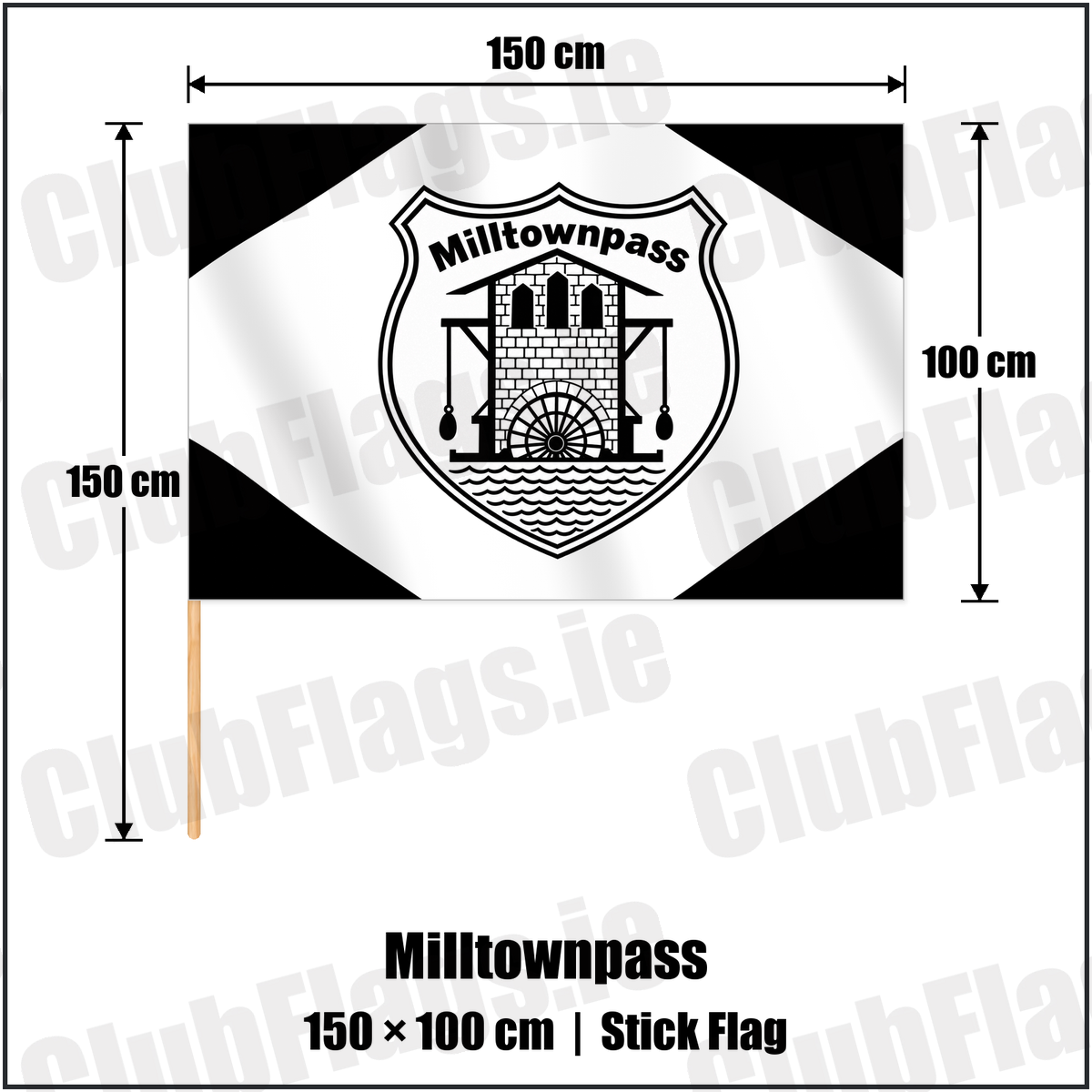 Milltownpass 100cm x 150cm Stick Flag with the club crest and colours, Westmeath GAA - ClubFlags.ie
