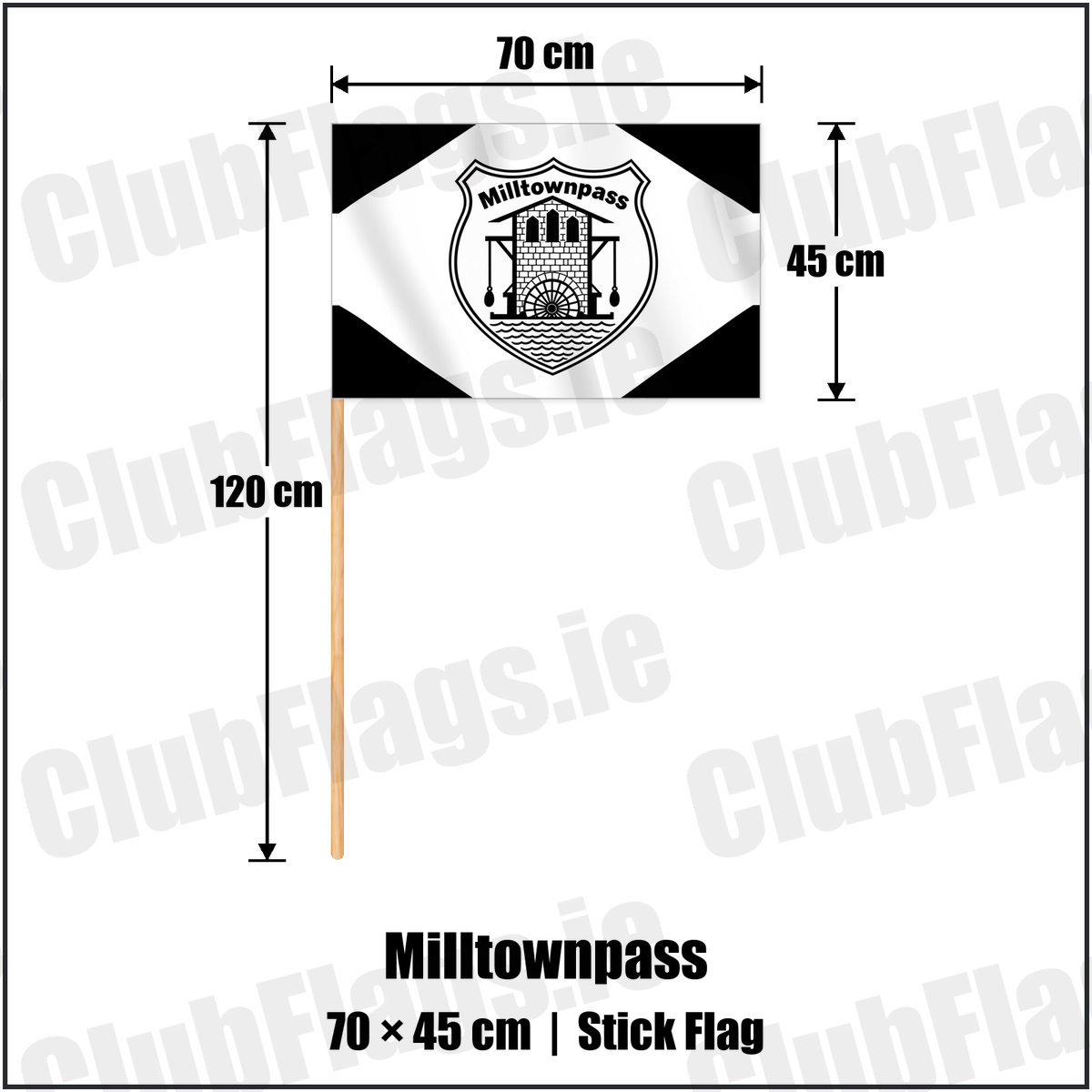 Milltownpass 45cm x 70cm Stick Flag with the club crest and colours, Westmeath GAA - ClubFlags.ie