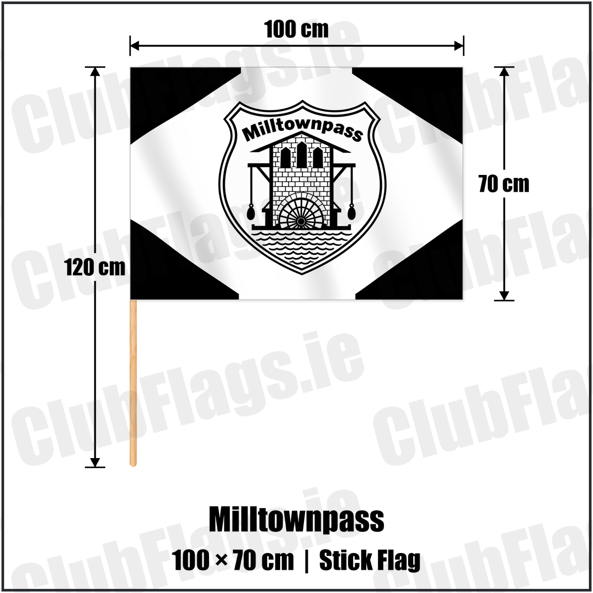 Milltownpass 70cm x 100cm Stick Flag with the club crest and colours, Westmeath GAA - ClubFlags.ie