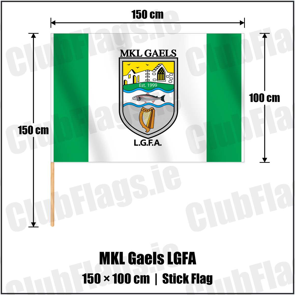 MKL Gaels LGFA 100cm x 150cm Stick Flag with the club crest and colours, Kerry GAA - ClubFlags.ie
