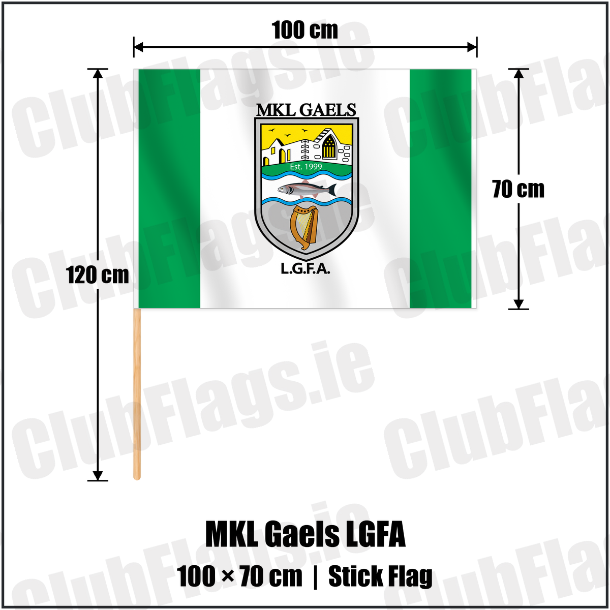 MKL Gaels LGFA 70cm x 100cm Stick Flag with the club crest and colours, Kerry GAA - ClubFlags.ie