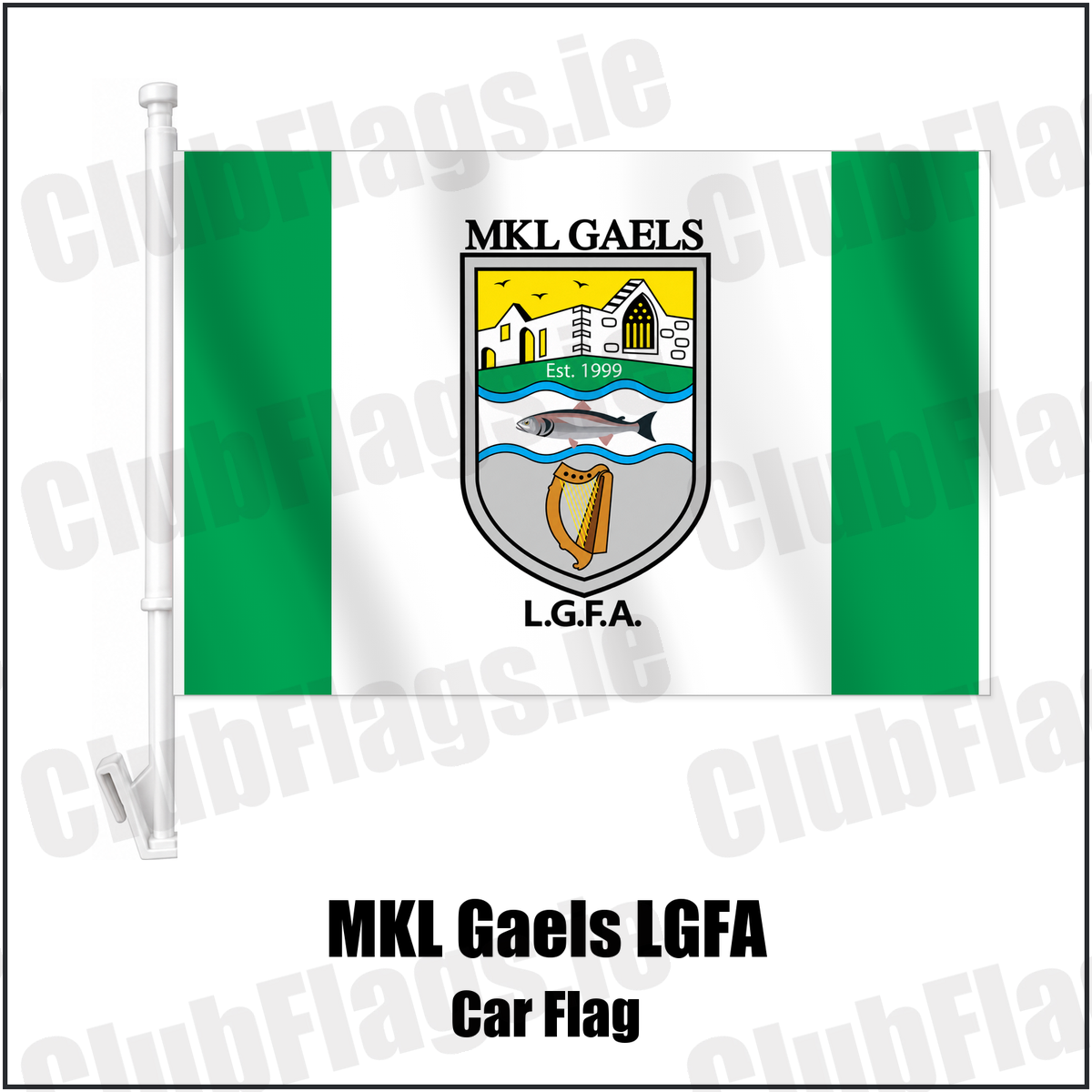 MKL Gaels LGFA Car Flag with the club crest and colours, Kerry GAA - ClubFlags.ie
