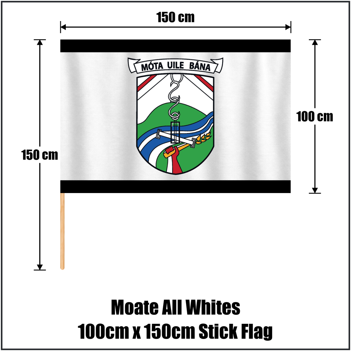 Moate All Whites 100cm x 150cm Stick Flag, featuring the club crest and white and black colours; County Westmeath GAA. ClubFlags.ie.