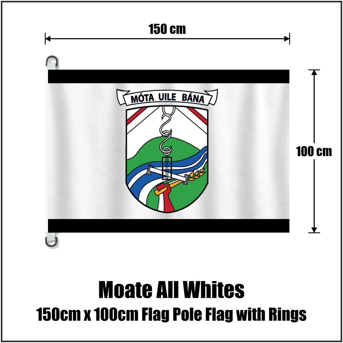 Moate All Whites 150cm x 100cm Flag Pole Flag with Rings, featuring the club crest and white and black colours; County Westmeath GAA. ClubFlags.ie.