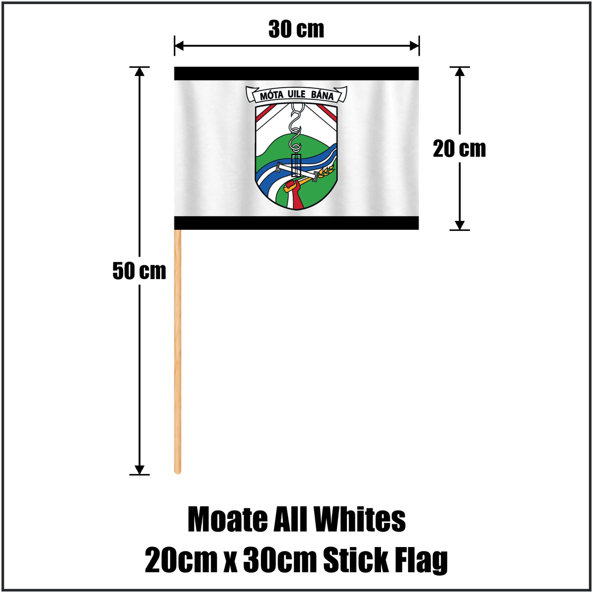 Moate All Whites 20cm x 30cm Stick Flag, featuring the club crest and white and black colours; County Westmeath GAA. ClubFlags.ie.