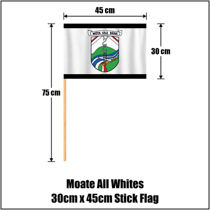 Moate All Whites 30cm x 45cm Stick Flag, featuring the club crest and white and black colours; County Westmeath GAA. ClubFlags.ie.