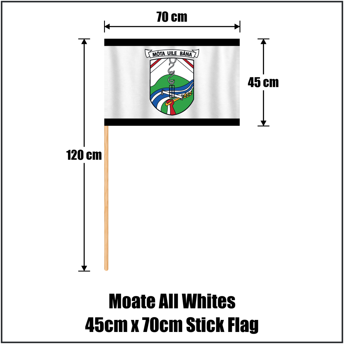 Moate All Whites 45cm x 70cm Stick Flag, featuring the club crest and white and black colours; County Westmeath GAA. ClubFlags.ie.
