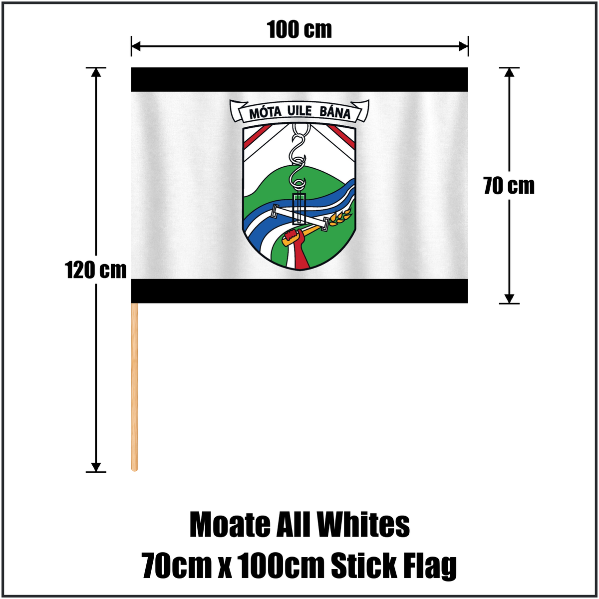 Moate All Whites 70cm x 100cm Stick Flag, featuring the club crest and white and black colours; County Westmeath GAA. ClubFlags.ie.