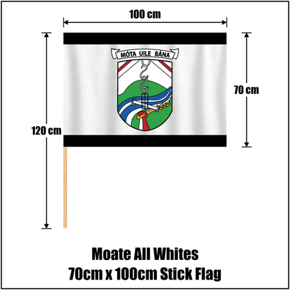 Moate All Whites 70cm x 100cm Stick Flag, featuring the club crest and white and black colours; County Westmeath GAA. ClubFlags.ie.