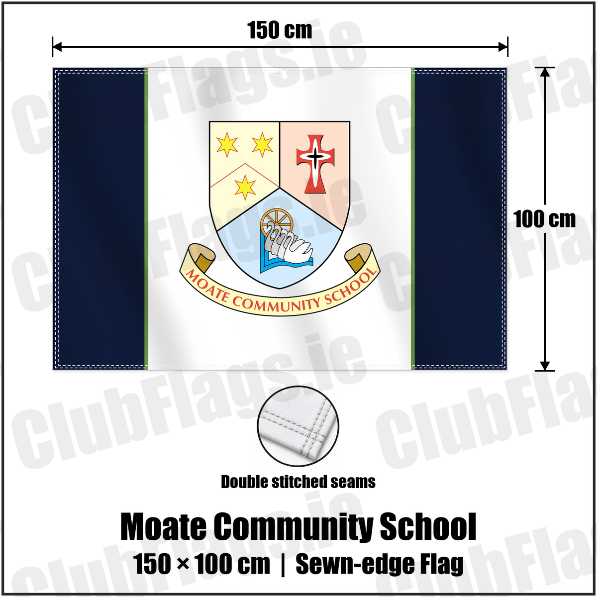 Moate Community School 100cm x 150cm Flag (sewn on the edges) with the club crest and colours, Westmeath GAA - ClubFlags.ie