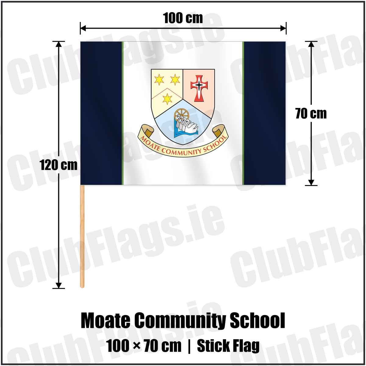 Moate Community School 70cm x 100cm Stick Flag with the club crest and colours, Westmeath GAA - ClubFlags.ie