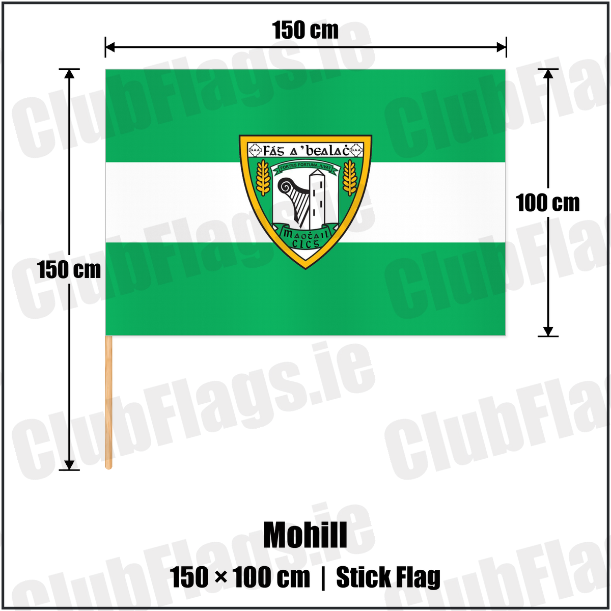 Mohill 100cm x 150cm Stick Flag with the club crest and colours, Leitrim GAA - ClubFlags.ie